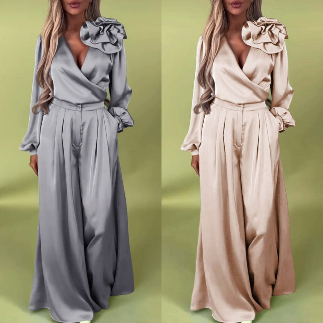 Witoria | Ensemble élégant en satin – chemise croisée à manches longues et pantalon large