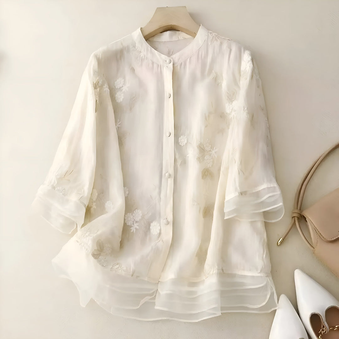 Justyna | Blouse en Chiffon Aéré à Manches Mi-Longues