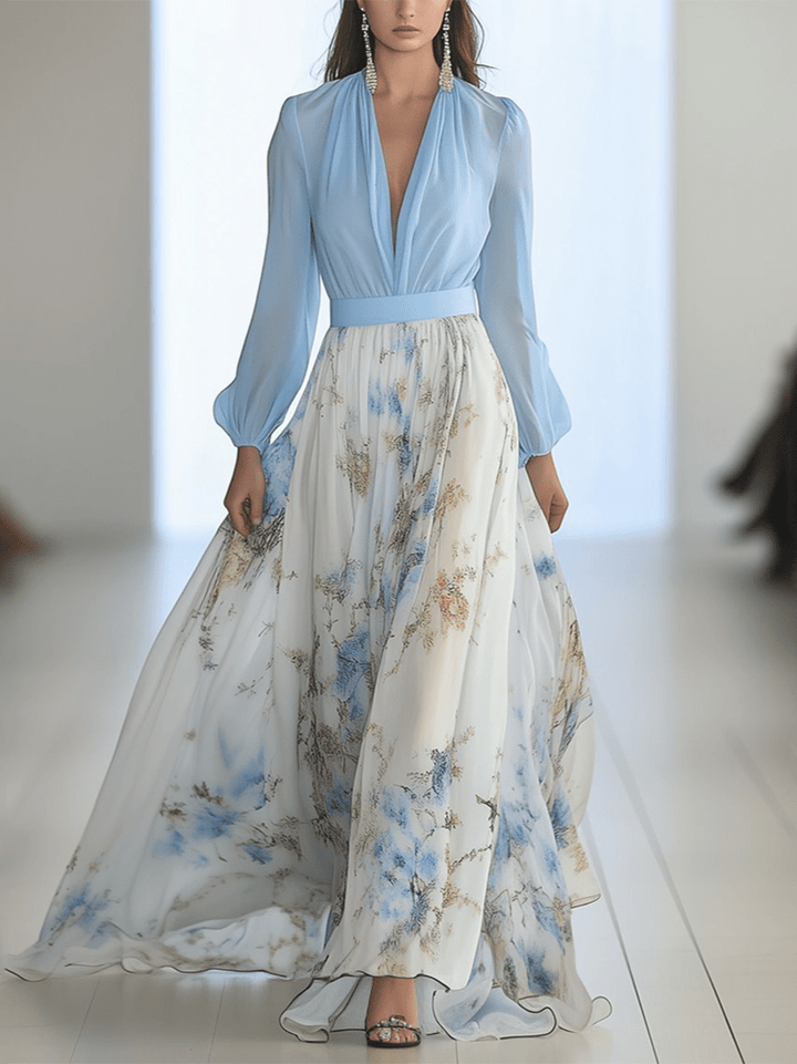 Elwira | Robe fluide en chiffon dans des nuances de ciel et de fleurs