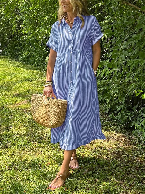 Malina | Robe chemise rayée avec revers et boutons, dotée de poches fonctionnelles