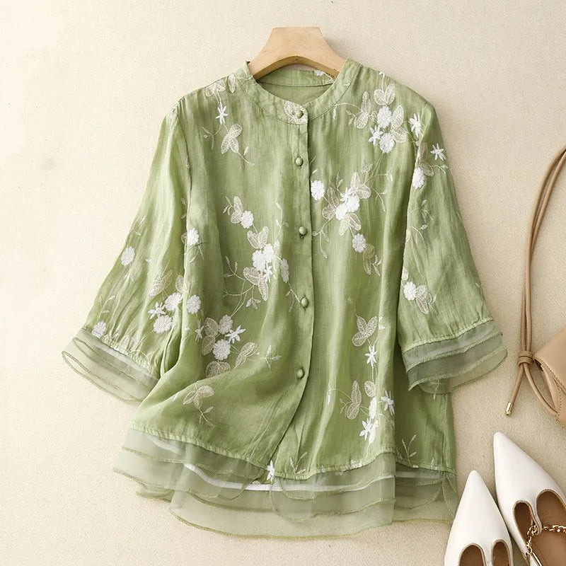 Justyna | Blouse en Chiffon Aéré à Manches Mi-Longues
