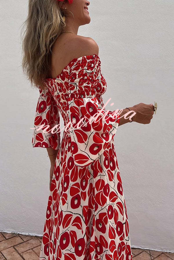 Robe Maxi d'Été avec Motif Floral et Épaules Nues