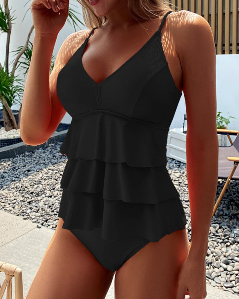 Salomea - Tankini uni avec décolleté et volants