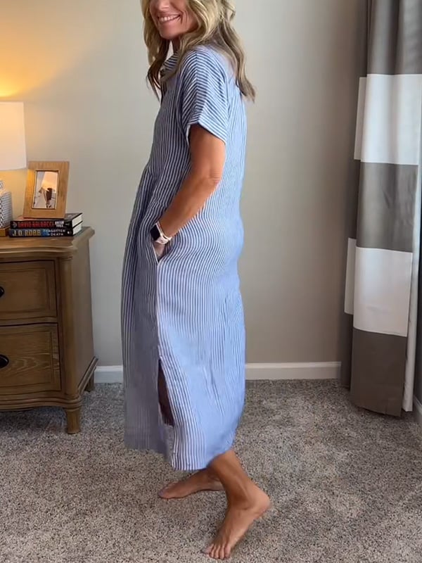 Malina | Robe chemise rayée avec revers et boutons, dotée de poches fonctionnelles
