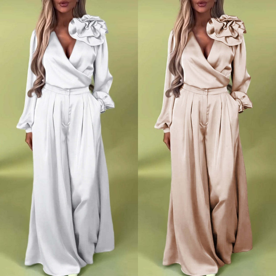 Witoria | Ensemble élégant en satin – chemise croisée à manches longues et pantalon large