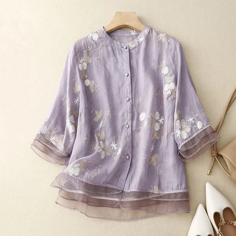Justyna | Blouse en Chiffon Aéré à Manches Mi-Longues