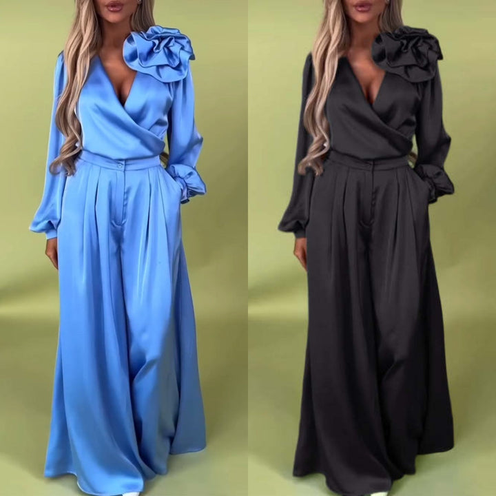 Witoria | Ensemble élégant en satin – chemise croisée à manches longues et pantalon large