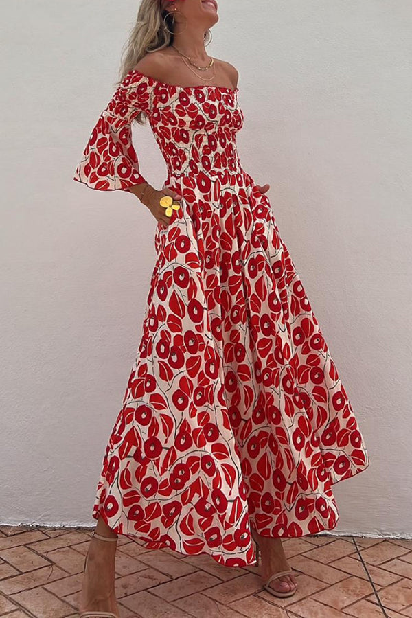 Robe Maxi d'Été avec Motif Floral et Épaules Nues