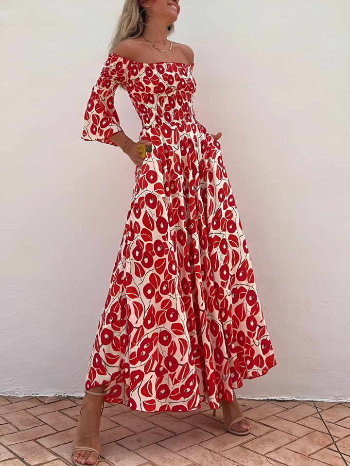 Alina | Robe Maxi à Épaules Dégagées et Charme Boho