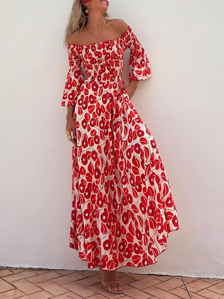 Alina | Robe Maxi à Épaules Dégagées et Charme Boho