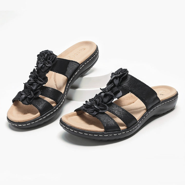 Lucy – Claquettes Orthopédiques en Cuir Extrêmement Confortables avec Accent Floral