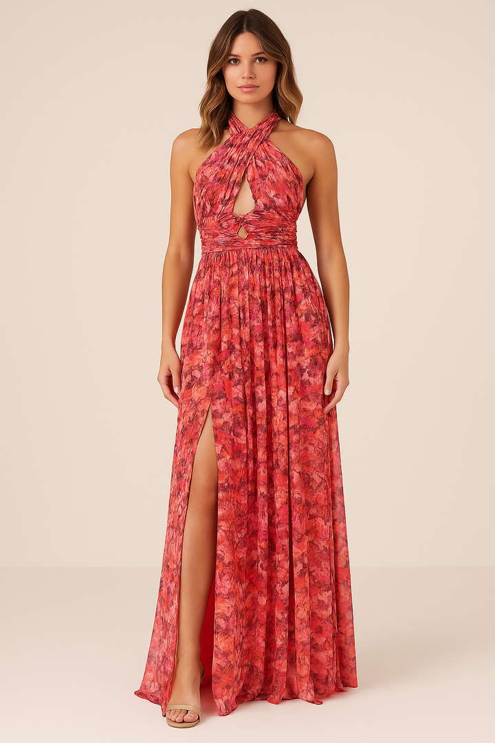 Róża | Robe maxi fleurie avec décolleté mi-hauteur