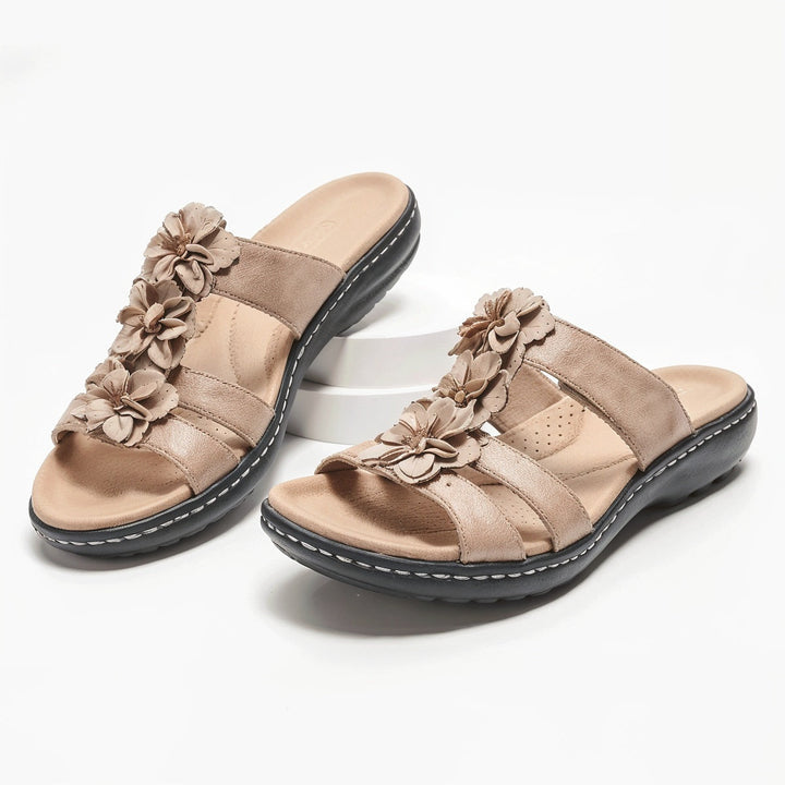 Lucy – Claquettes Orthopédiques en Cuir Extrêmement Confortables avec Accent Floral