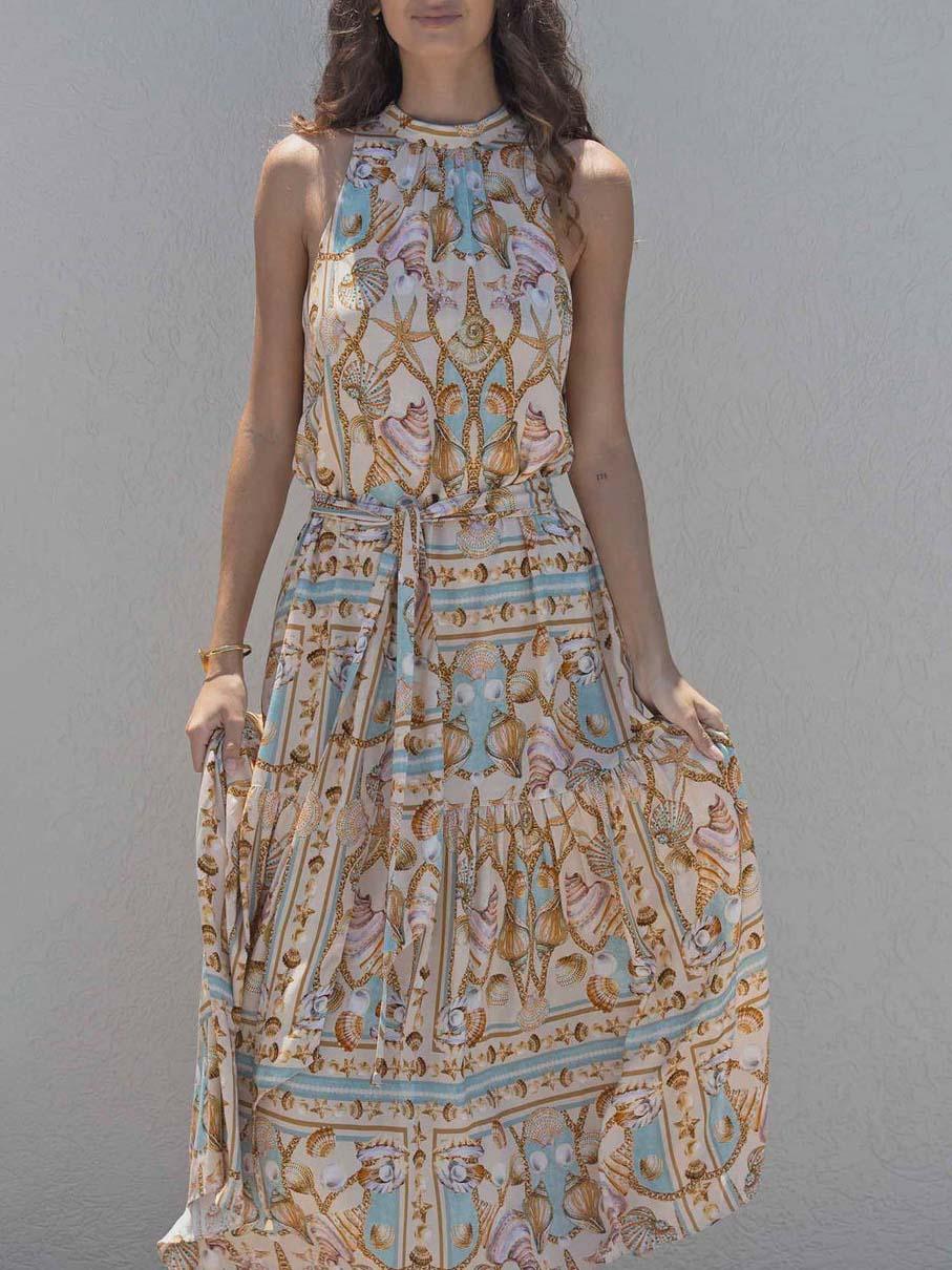 Robe Maxi en Satin – Motif Océanique