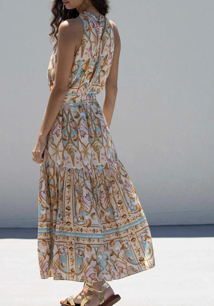 Robe Maxi en Satin – Motif Océanique
