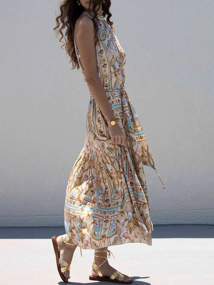 Robe Maxi en Satin – Motif Océanique