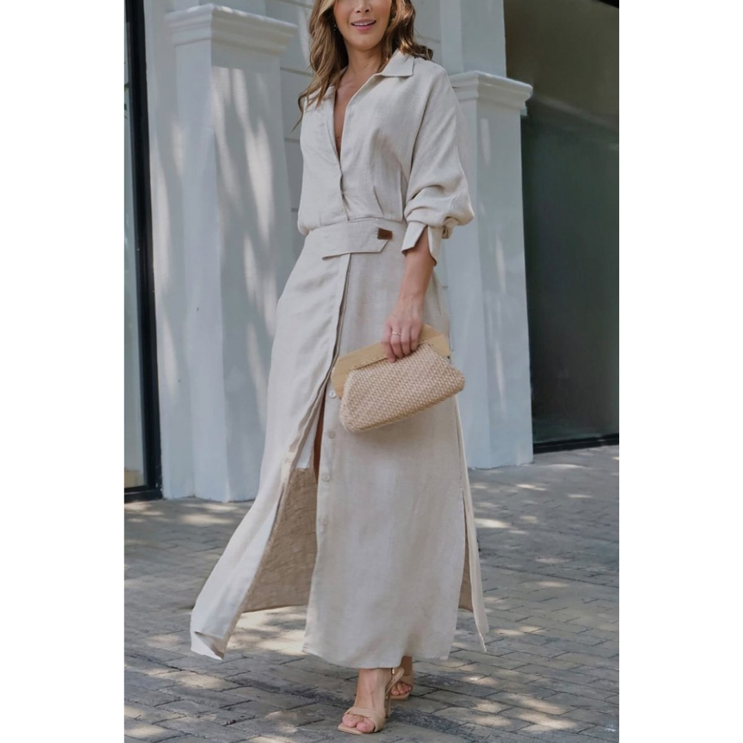 Barbara | Robe maxi en coton et lin avec boutons et ceinture à la taille