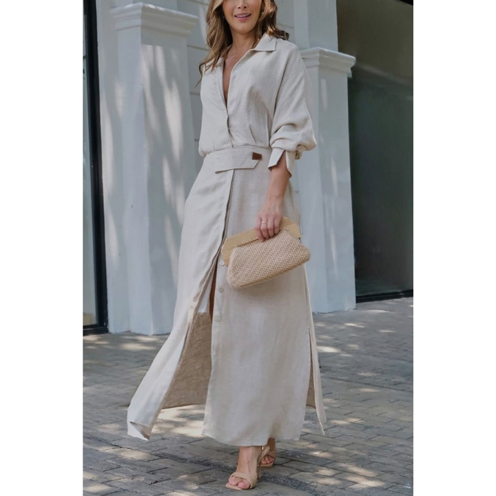 Barbara | Robe maxi en coton et lin avec boutons et ceinture à la taille