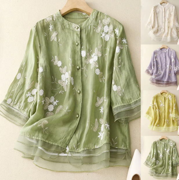 Justyna | Blouse en Chiffon Aéré à Manches Mi-Longues