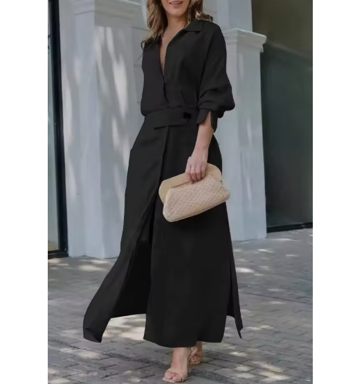 Barbara | Robe maxi en coton et lin avec boutons et ceinture à la taille