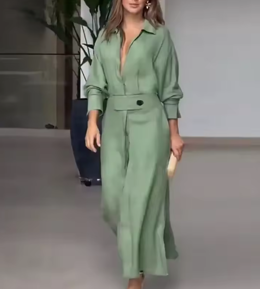 Barbara | Robe maxi en coton et lin avec boutons et ceinture à la taille