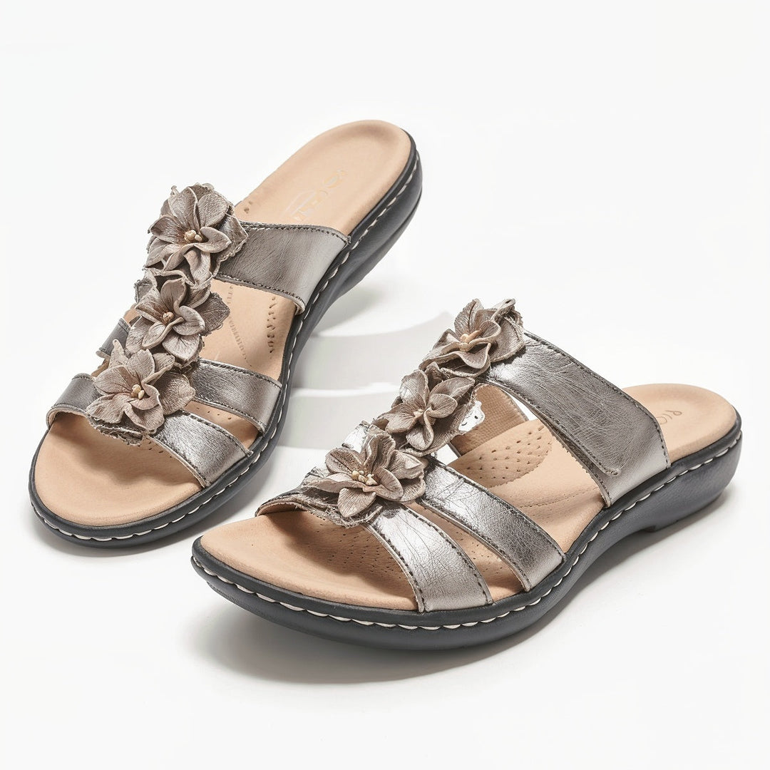 Lucy – Claquettes Orthopédiques en Cuir Extrêmement Confortables avec Accent Floral
