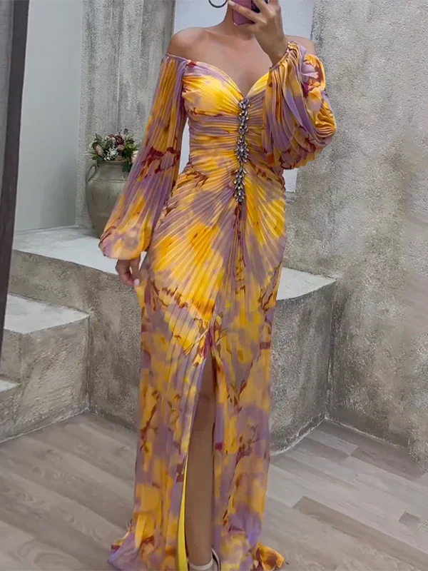 Helena | Robe Maxi Plissée aux Teintes de Coucher de Soleil