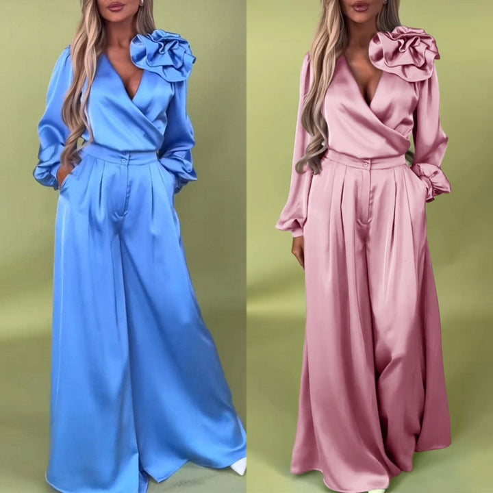 Witoria | Ensemble élégant en satin – chemise croisée à manches longues et pantalon large