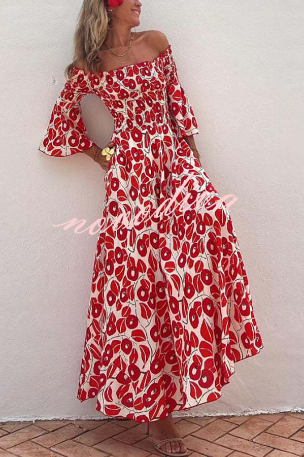 Robe Maxi d'Été avec Motif Floral et Épaules Nues