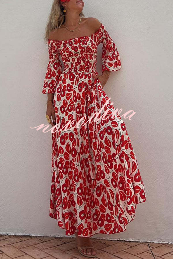 Robe Maxi d'Été avec Motif Floral et Épaules Nues