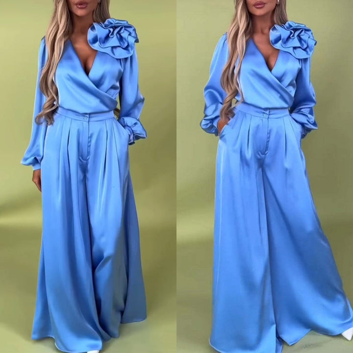 Witoria | Ensemble élégant en satin – chemise croisée à manches longues et pantalon large