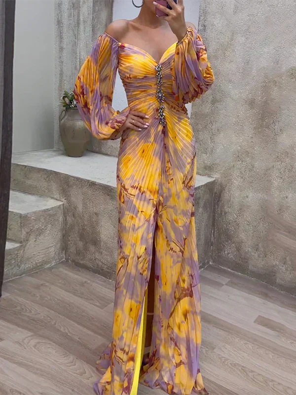 Helena | Robe Maxi Plissée aux Teintes de Coucher de Soleil