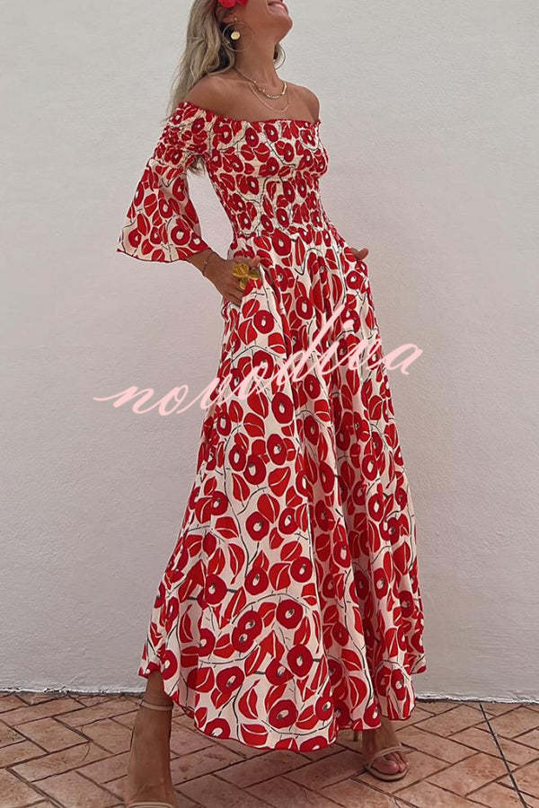 Robe Maxi d'Été avec Motif Floral et Épaules Nues