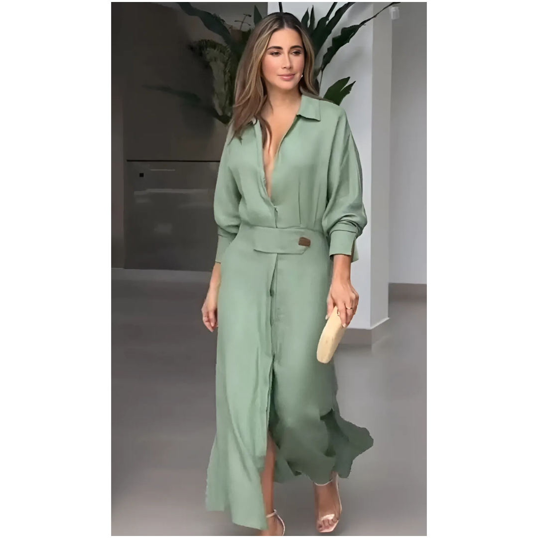 Barbara | Robe maxi en coton et lin avec boutons et ceinture à la taille