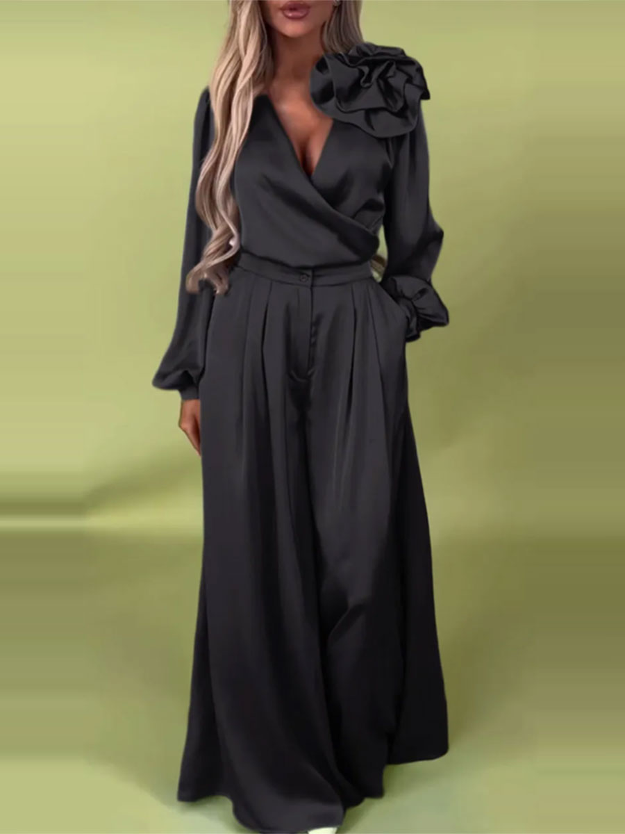 Witoria | Ensemble élégant en satin – chemise croisée à manches longues et pantalon large