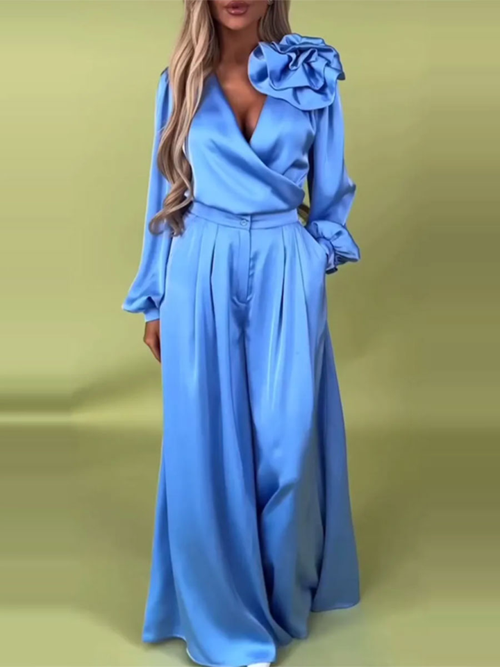 Witoria | Ensemble élégant en satin – chemise croisée à manches longues et pantalon large