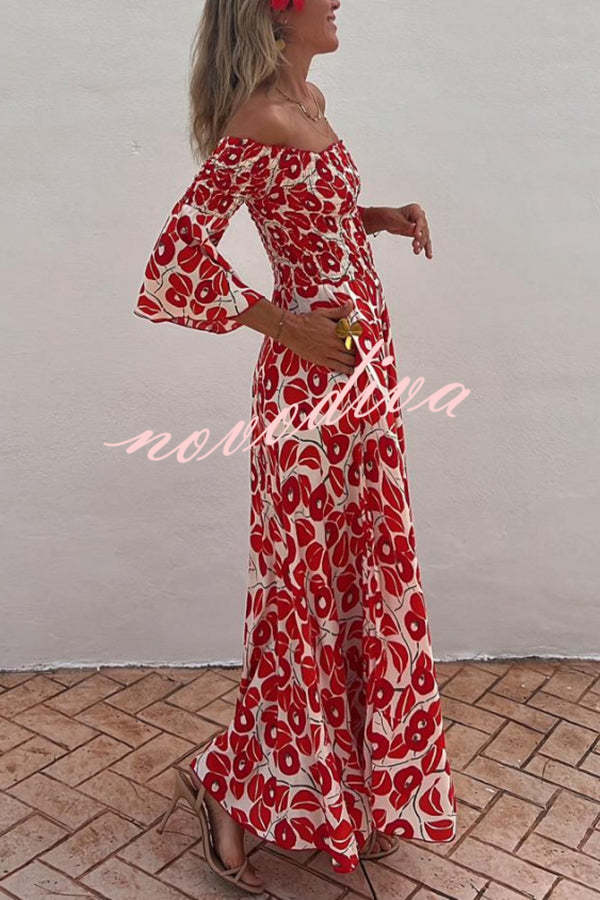 Robe Maxi d'Été avec Motif Floral et Épaules Nues