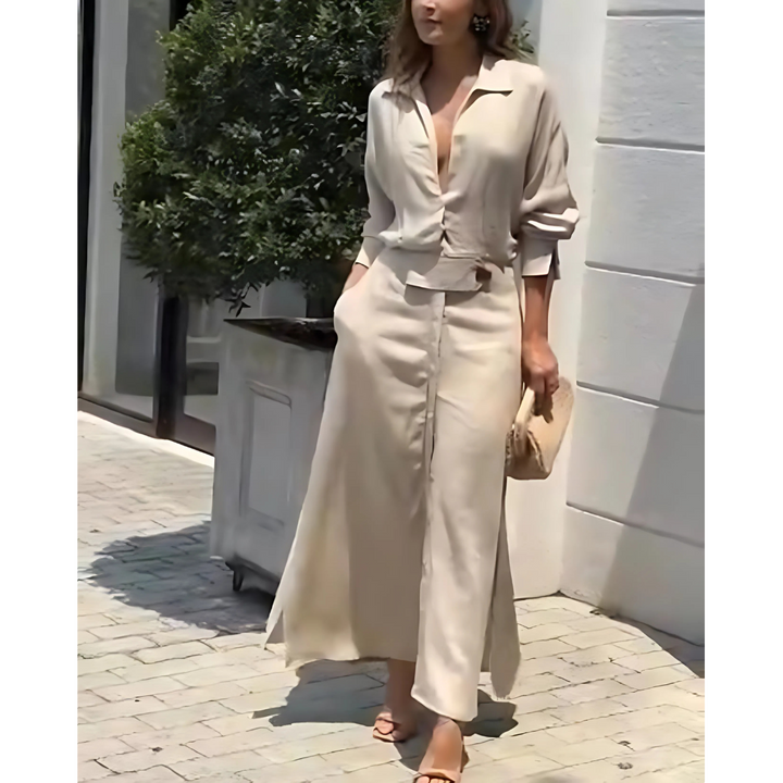 Barbara | Robe maxi en coton et lin avec boutons et ceinture à la taille