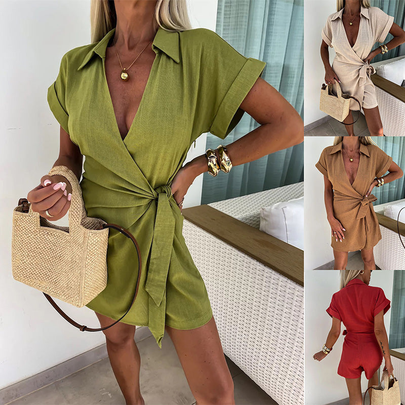 Melania | Combinaison en lin de coton avec décolleté en V féminin