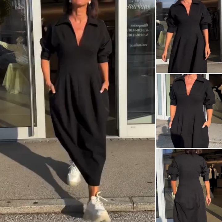 Rozalia | Robe midi quotidienne avec décolleté en V et revers