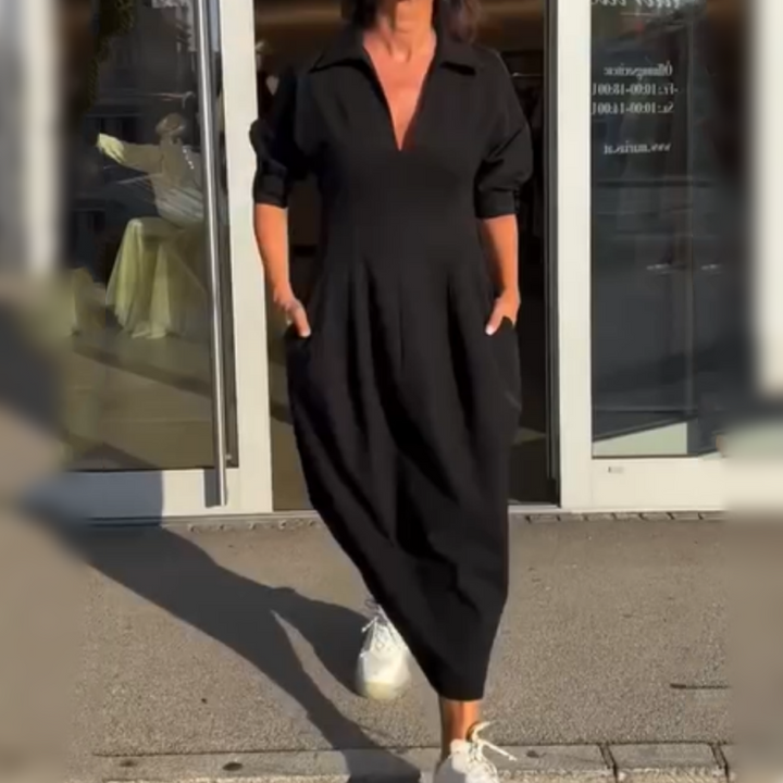 Rozalia | Robe midi quotidienne avec décolleté en V et revers