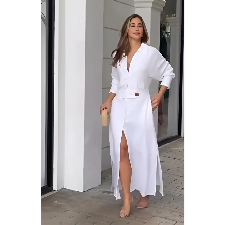 Barbara | Robe maxi en coton et lin avec boutons et ceinture à la taille